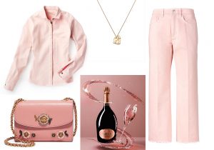 camicia e pantaloni in denim fluido Nine in the Morning / collana Casetta di Atelier VM / borsa Coach Tea Rose / champagne Ruinart rosè