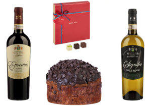 Cantine Macchie Santa Maria vini Signifer Fiano di Avellino e Evocatus Taurasi Riserva / Panettone 'cioccolato e Rum' Pasticceria DeVivo / Armani Dolci Natale Praline di Guido Gobino