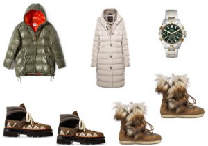 Giaccone piumino Aspesi / scarponi Bally Maloja / Piumone lungo Moorer / Moon Boot Fox Fur / Orologio unisex Fossil