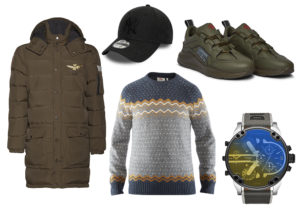 Piumone Areonautica Militare / cap New Hera / maglione Fjallraven / sneaker Barracuta / orologio Diesel