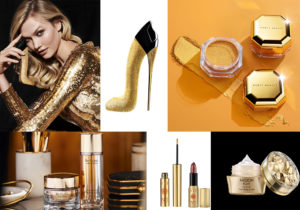 Good Girl Glorious Gold profumo sensuale di Carolina Herrera Fragrances / Fenty Beauty holidays gold sparkling powder / Esteee Lauder Re-Nutriv Ultimate Diamond Transformative Energy Dual Infusion / VIP lipstick e rossetto N.1 Perfetto in vendita su QVC / Avon Mission Eclat crema antietà per labbra e occhi