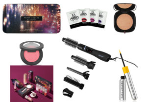 Glossy pochette di Fenty Beauty con beauty holidays kit / make up BareMinerals distribuito da QVC / maschere B Selfie per labbbra, viso e occhi / Holiday Bronze glaze di Marc Jacobs beauty / Gold Liquid eyeliner di Marc Jacobs beauty / Piatra styler di Revamp