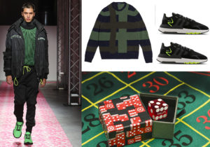 look Iceberg / maglia Druhmor / scarpe Adidas Ozweego / dado portachiavi Bally