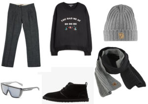 pantaloni Tela Genova / felpa Primark / berretto e sciarpe Fjällräven / occhiali 'Star Wars' di Italia Independent / polacchini UGG