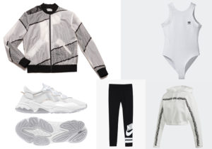 giacca sportiva Exkite / body felpa e sneakers Adidas Originals / leggings Nike