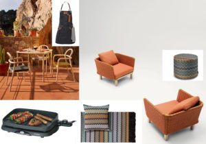 tavolo e sedie 'Branzia' di Kave Home / Grembiule per BBQ e Griglia di Schonuber / poltrone 'Sabi' di Paola Lenti / tappeti cuscini e pouf di Missoni Home