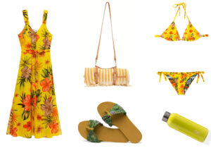 Abito e bikini Desigual / borsa porta telo mare Zimmermann / ciabattine 'Hawaianas St Tropez' / borraccia Izmee The One