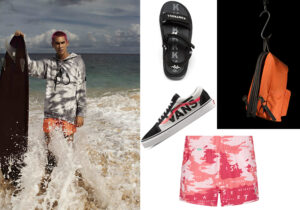 total look Moose Knuckles 'Surf Rodeo' / Sandali Kappa / Zainetto fatto a mano di Gimenale / Sneakers Vans / pantaloncini Swimwear di Save The Duck.