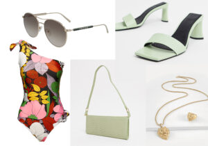 Occhiali Longchamp / costume LaDoubleJ / borsa e sandali Asos Design / bijoux Guess Jewellery