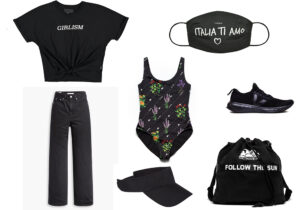 T-Shirt di Shoe / High Loose Fit Jeans di Levi's / costume Kappa / cap Primark / mascherina Pinko / sneakers Veja x Rick Owens / sacca Sundek