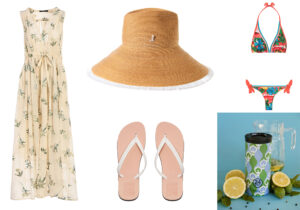 abito Seventy Venezia / cappello Muehlbauer / flip flop Ecoalf / costume Sundek / borraccia 24 Bottles for Summer