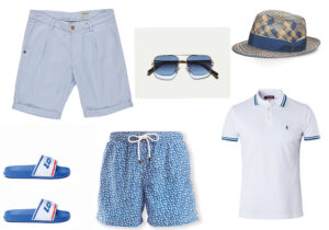 bermuda Re-Ash / ciabattine Lotto / costume 'Bagni Fiorio' / occhiali Moscot / cappello Borsalino / polo MCS