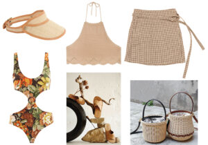 cappellino e costume Zimmermann / top knitwear Asos Design / minigonna Madame Berwich / Mango recycled shoes / secchielli Capaf