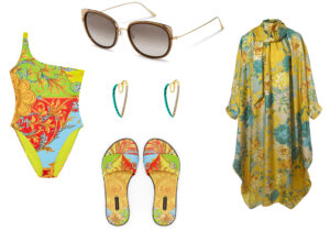 costume 'one piece' e flat sandals Versace / occhiali 'Butterfly' Sun Highlights di Rodenstock / orecchini Rue Des Mille / abito Gianluca Capannolo