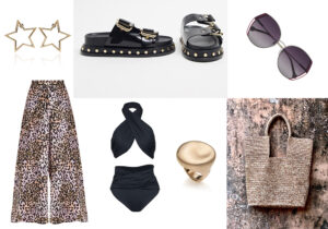 orecchini e anello Eclat / pantaloni Veronica Beard / mules Asos Design / costume 'due pezzi' Redemption / occhiali 'She' di Carolina Herrera by De Rigo / borsa Made for a Woman