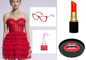 Abito bustier Veronica Iorio / occhiali Swarovski by Marcolin / borsa Le Pandorine / vaso 'Kiss Me' e vassoio 'CestAhh' by Altreforme