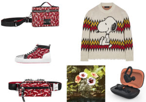Borsello, marsupio e sneakers Christian Louboutin / 'Love in Bloom' di Glass e Seletti design Marcantonio / Pullover con Peanuts by Alanui / cuffie Push Active True di Skullcandy