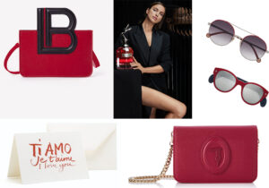 Borsetta Laura Biagiotti / Profumo 'So Scandal' by Jean Paul Gaultier / biglietti di auguri Fabriano Boutique / occhiali Caroline Herrera e Fila by Lozza di De Rigo / Pochette Trussardi Jeans vista su Amazon