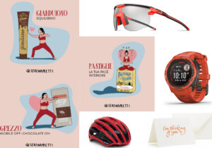 Pastiglie, Gianduioso e Cioccolato di Pastiglie Leone / occhiali sportivi di Julbo / orologio Garmin Instinct Solar Flame Red / caschetto biker di Kask Valegro / biglietti di auguri Fabriano Boutique