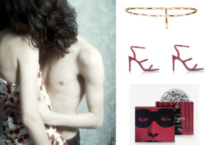 Saint Laurent 'Saint Valentin' look / cintura The Attico / sandali di Kurt Geiger London / Fornasetti cd e dvd del 'Don Giovanni' di Wolfgang Amadeus Mozart