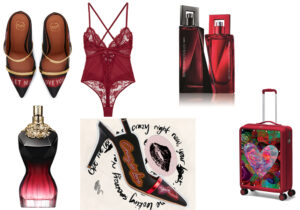 Scarpe 'Love capsule' di Malone Souliers / Body intimo by Asos Design / profumi Actraction Desire for Him & for Her di Jean Paul Gaultier / valigia by Roncato Ciack