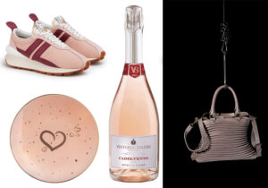 Sneakers Lanvin / piattino Love by Kasanova / bottiglia rosè CadelVento di Venturini Baldini / borsa couture artisanal di Gimenale