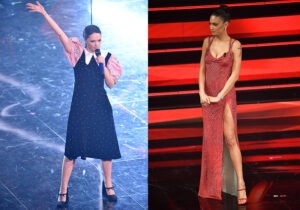 Francesca Michelin in look Miu Miu / Elodie in abito Atelier Versace (Getty Images)