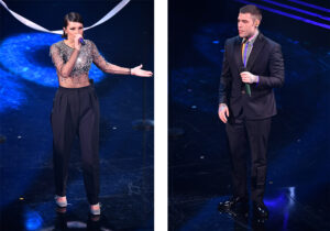 Francesca Michelin indossa un abito di Miu Miu (make-up Yves Rocher) / Donatella Versace ha creato una speciale 'capsule collection' Versace in esclusiva per il cantante Fedez
