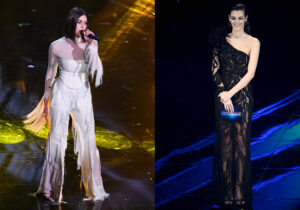 Gaia indossa un look di Salvatore Ferragamo / Vittoria Ceretti con abito monospalla Atelier Versace