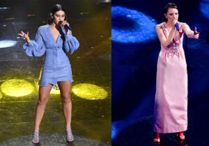 Gaia vestita da Salvatore Ferragamo / Francesca Michelin in abito Miu Miu.j