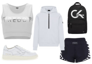 Top Freddy / sneakers Master Legacy di Moaconcept / felpa Moncler / zaino Calvin Klein Performance / shorts Redemption Athletix