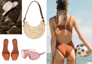 Cappello Doria 1905 con Officina del Poggio - borsa in rattan di Asos Design - ciabattine Malone Souliers - costume intero terracotta Lido Icons