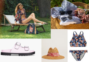 Copricostume costume e accessori Pierre Mantoux - occhiali Oliver People - sandalo Calvin Klein - cappello Golden Goose -costume due pezzi Patagonia