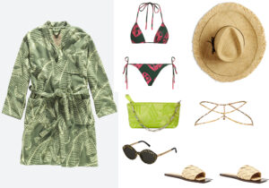 Kimono di spugna The Banana Leaf robe by Oas Comoany - bikini tropical di Zimmermann - cappello texano Montegallo - borsetta e cintura gioiello The Attico - occhiale Sting by De Rigo - ciabattine Jeffrey Campbell