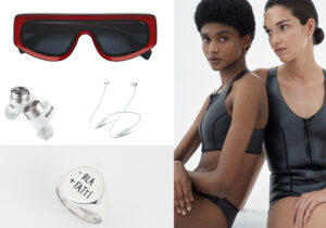 Occhiale mascherina di Fila eyewear -auricolari P15 di Bowers & Wilkins - cuffiette BeatsFlex by Dr. Dre - anello - Bla Bla + Fatti di Nove25 - costumi Manzano