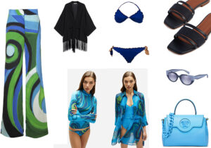 Pantaloni Gianluca Capannolo - poncho Mango -bikini Alviero Martini - costumi pull e camicia North Sails by Kezia Dubens - ciabattine Malone Souliers - occhiali Prada by Luxottica - Versace Medusa bag