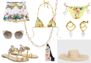Versace shorts bikini e borraccia - sandali Giuseppe Zanotti - occhiali Silhouette modello Boloschoi Grace - Kauwela necklace e orecchini Maui collection - cappello Borsalino
